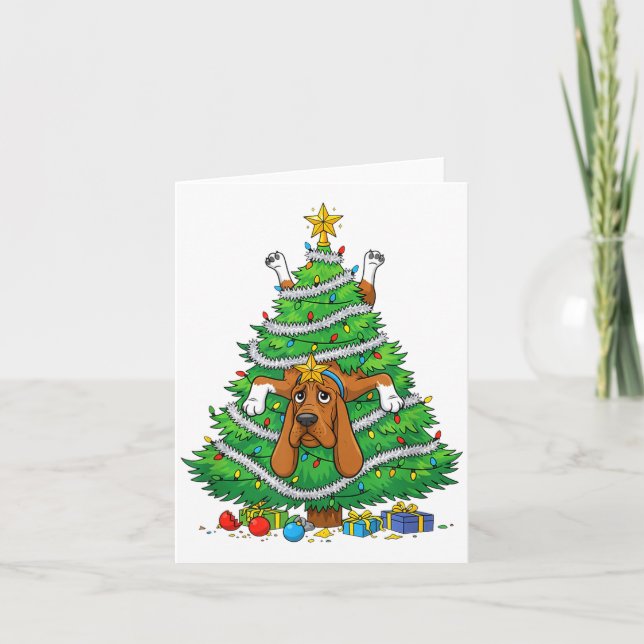Tarjeta Funny Bloodhound Dog Christmas Tree Lights Kids Me (Anverso)