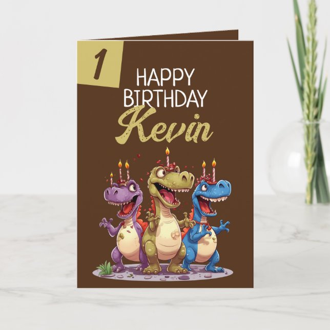 Tarjeta Funny Brown & Green Candle Trex Boy 1er cumpleaños (Anverso)