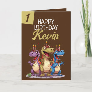 Tarjeta Funny Brown & Green Candle Trex Boy 1er cumpleaños