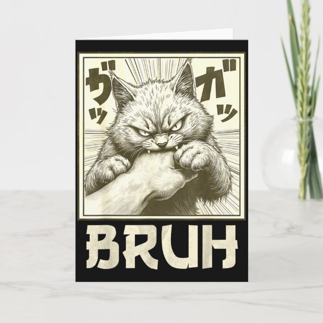 Tarjeta Funny Bruh Cat Bite Graphic Tee Japanese Anime Cat (Anverso)