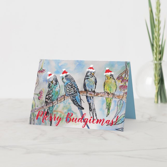 Tarjeta Funny Budgie Budgerigar Merry Christmas Card (Anverso)