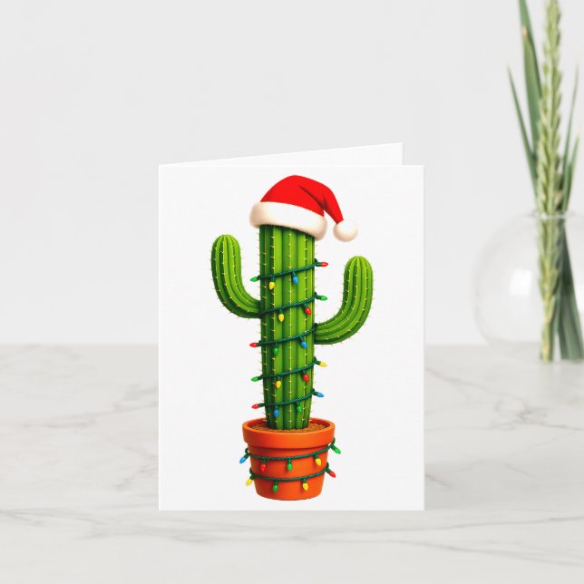 Tarjeta Funny Cactus Santa Hat Xmas Tree Lights Merry Chri (Anverso)