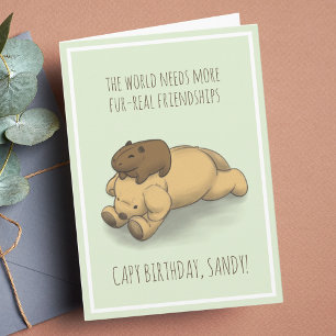 Tarjeta Funny Capybara y Dog Pun Green Birday Card