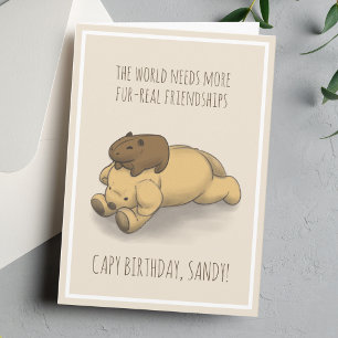 Tarjeta Funny Capybara y Dog Pun Pink Birday Card