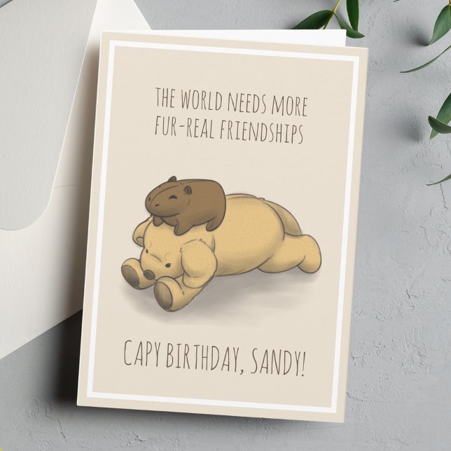 Tarjeta Funny Capybara y Dog Pun Pink Birday Card (Celebrate the birthday of your favorite person with a capybara and a puppy on this sweet card.)