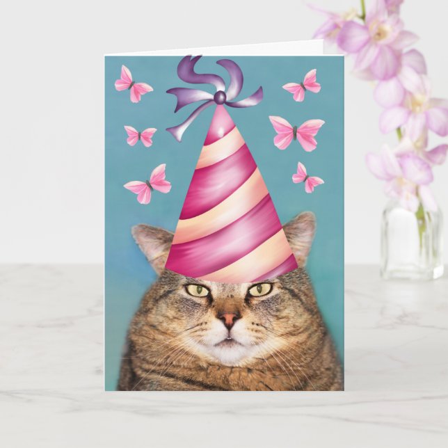 Tarjeta Funny Cat and Butterfly Birday Card (Orquídea)