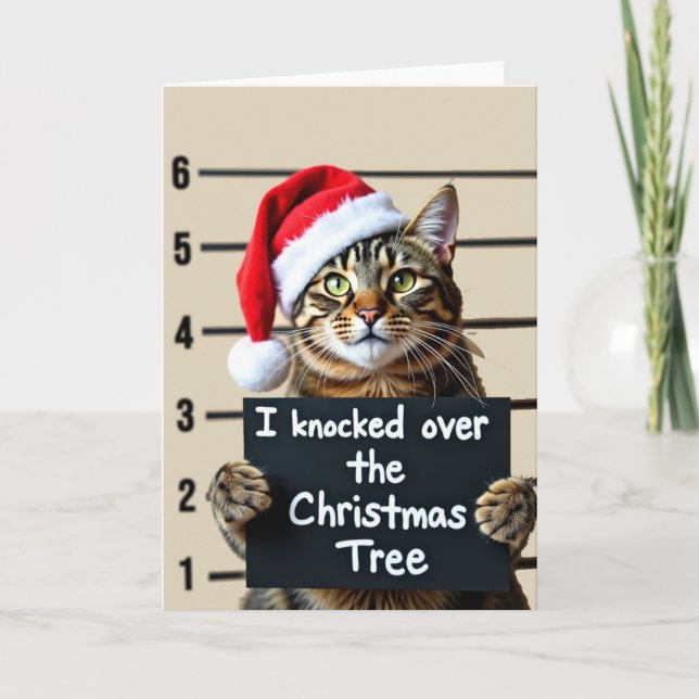 Tarjeta Funny Cat Mugshot Navidades Card Tree Knocker (Anverso)