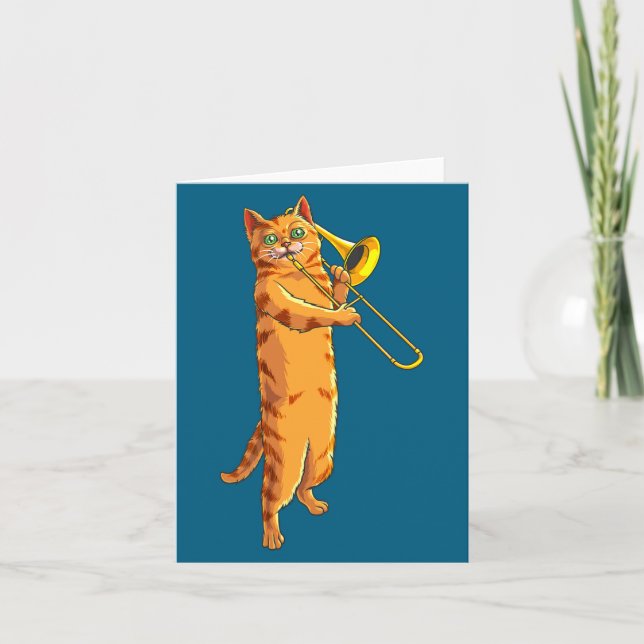 Tarjeta Funny Cat Playing Trombone Gift Cool Kitten Musici (Anverso)