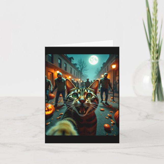 Tarjeta Funny Cat Selfie Halloween Zombies Humor  (Anverso)
