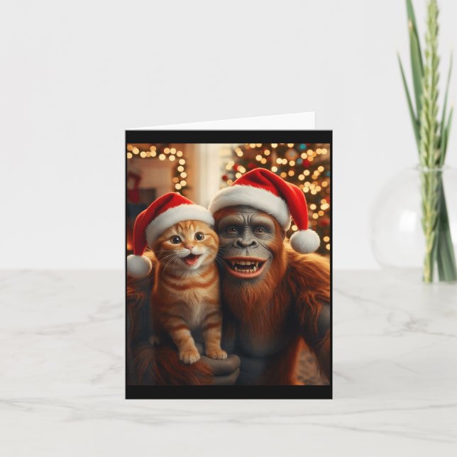 Tarjeta Funny Cat Selfie With Bigfoot Christmas Sasquatch  (Anverso)