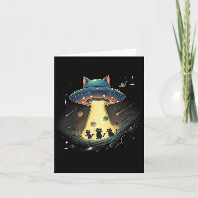 Tarjeta Funny Cat Ufo Cute Kitty Space Spaceship Alien Aes (Anverso)