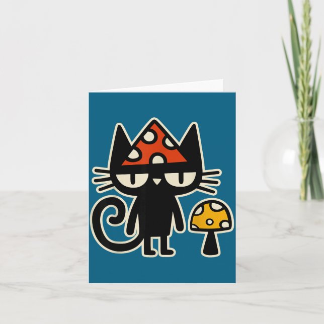 Tarjeta Funny Cat With Mushroom Hat Black Cat With Toadsto (Anverso)