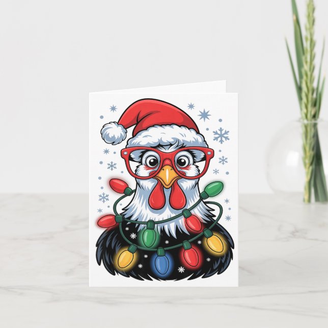 Tarjeta Funny Chicken Christmas Tree Lights Santa Hat Xmas (Anverso)