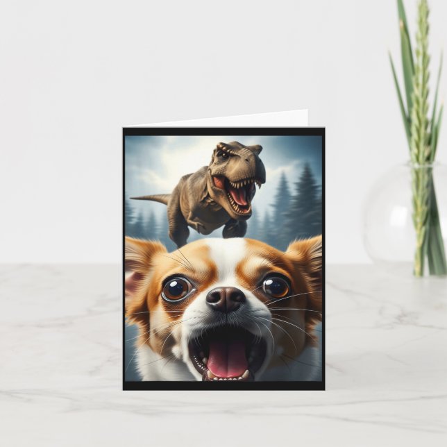 Tarjeta Funny Chihuahua Dog Selfie With T-rex Women Men Ki (Anverso)