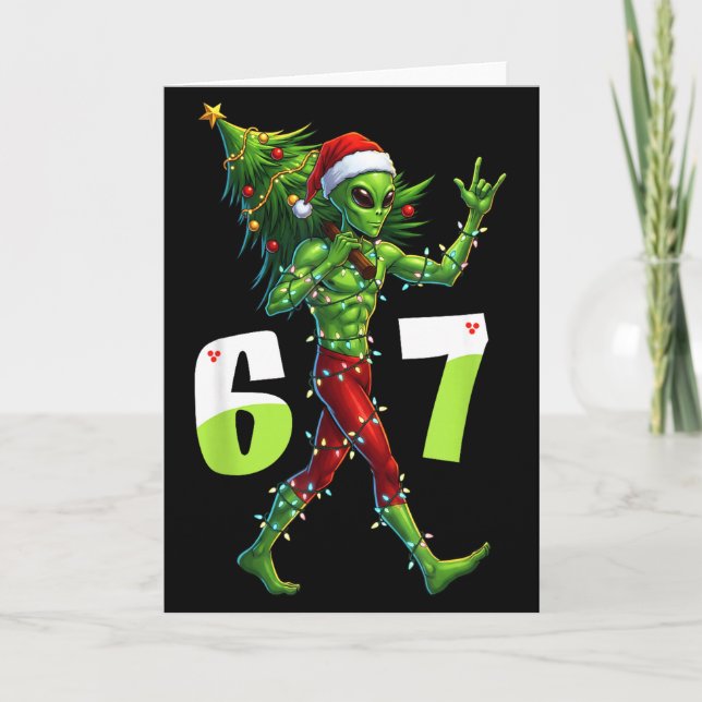 Tarjeta Funny Christmas Alien Six Seven Meme 67 Santa Hat  (Anverso)