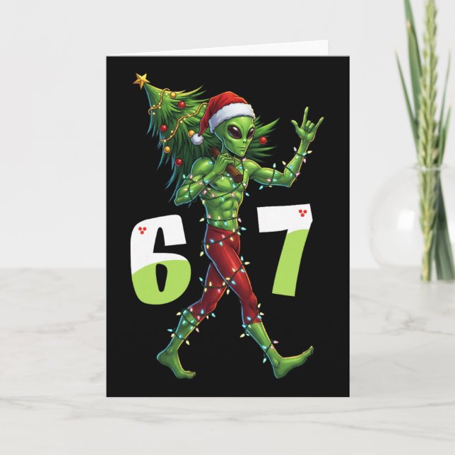 Tarjeta Funny Christmas Alien Six Seven Meme 67 Santa Hat  (Anverso)