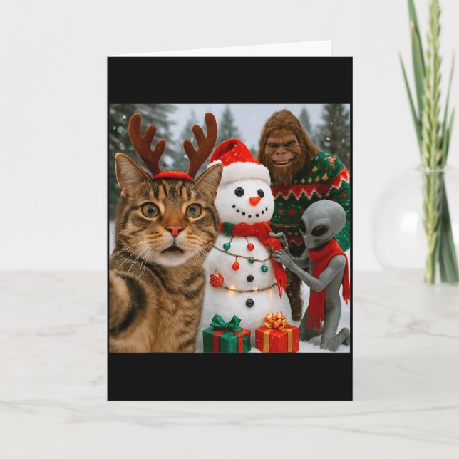 Tarjeta Funny Christmas Cat Selfie With Bigfoot Alien &amp (Anverso)