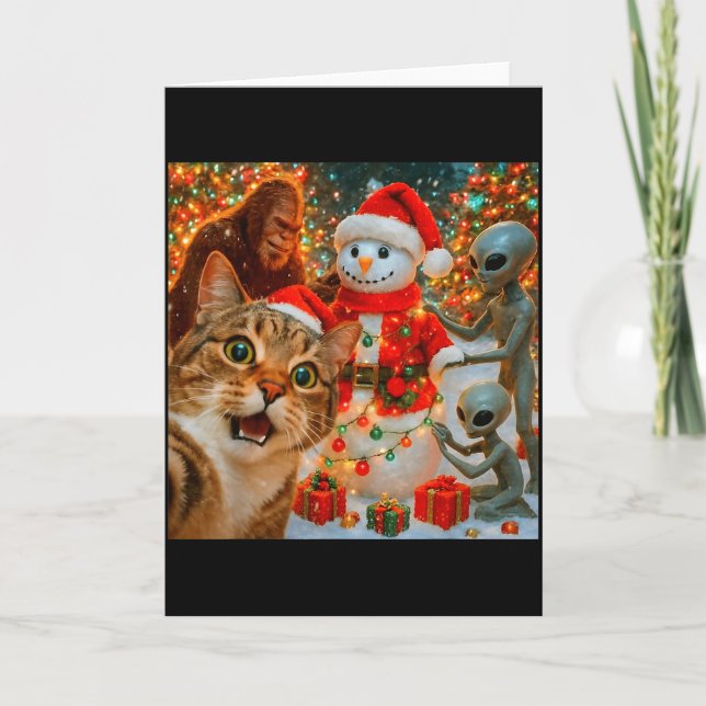 Tarjeta Funny Christmas Cat Selfie With Bigfoot Alien &amp (Anverso)