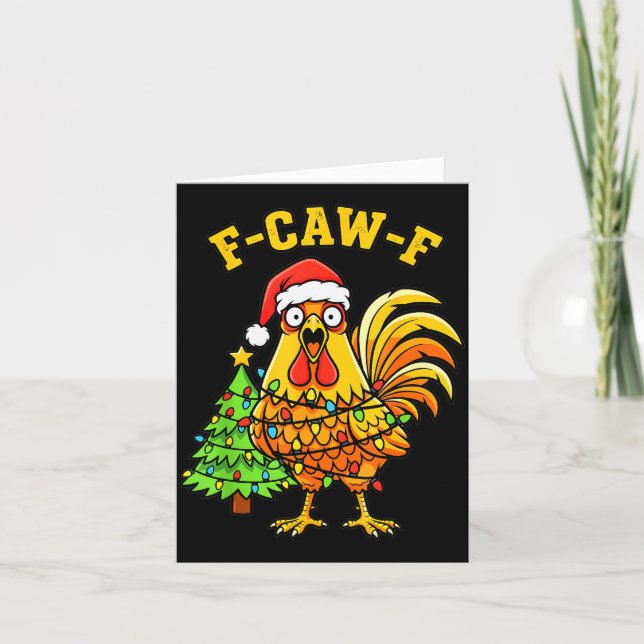 Tarjeta Funny Christmas Chicken Lights Santa Hat F-caw-f  (Anverso)