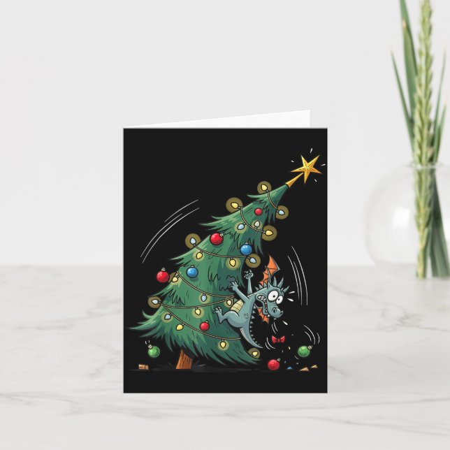 Tarjeta Funny Christmas Dragon Wrecking The Tree Holiday P (Anverso)