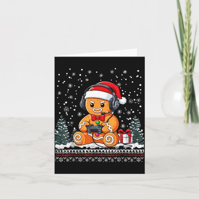Tarjeta Funny Christmas Gamer Gingerbread Xmas Gaming Men  (Anverso)