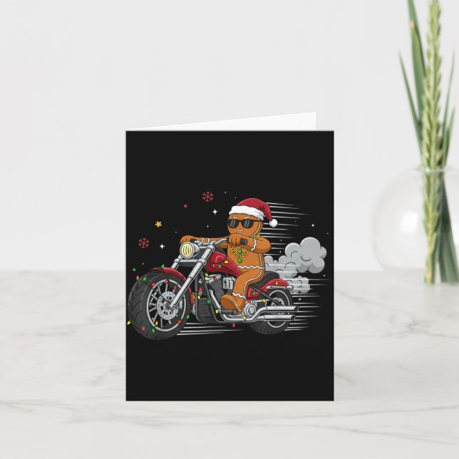 Tarjeta Funny Christmas Gingerbread Man Biker Riding A Mot (Anverso)
