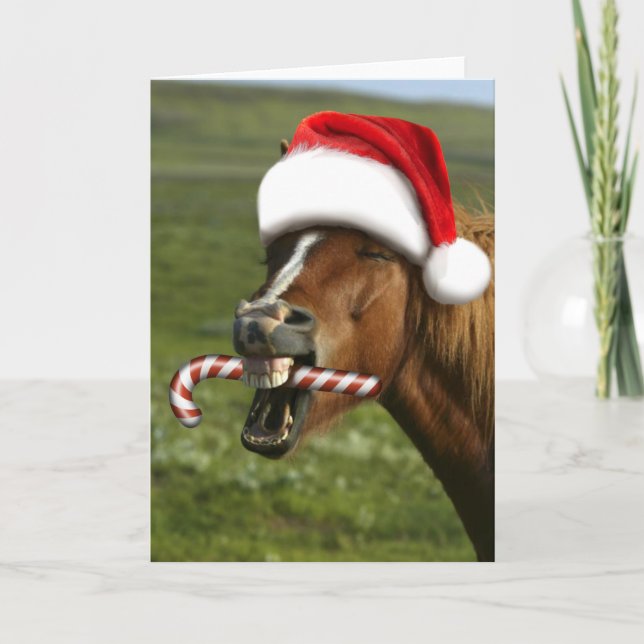 Tarjeta Funny Christmas horse with Santa hat smiling (Anverso)