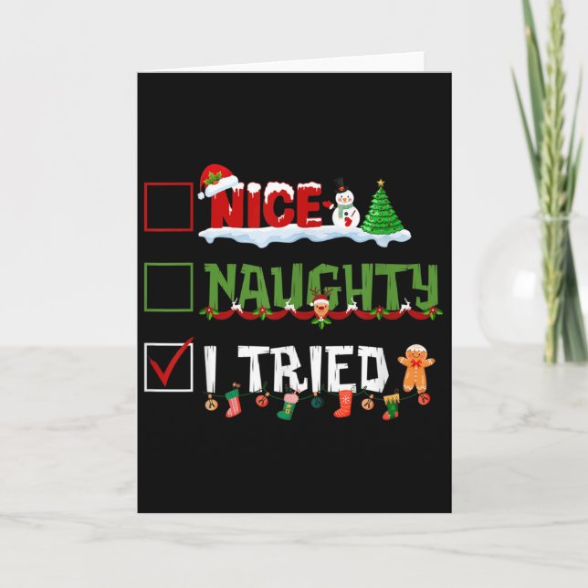 Tarjeta Funny Christmas Pajama Lights Nice Naughty I Tried (Anverso)