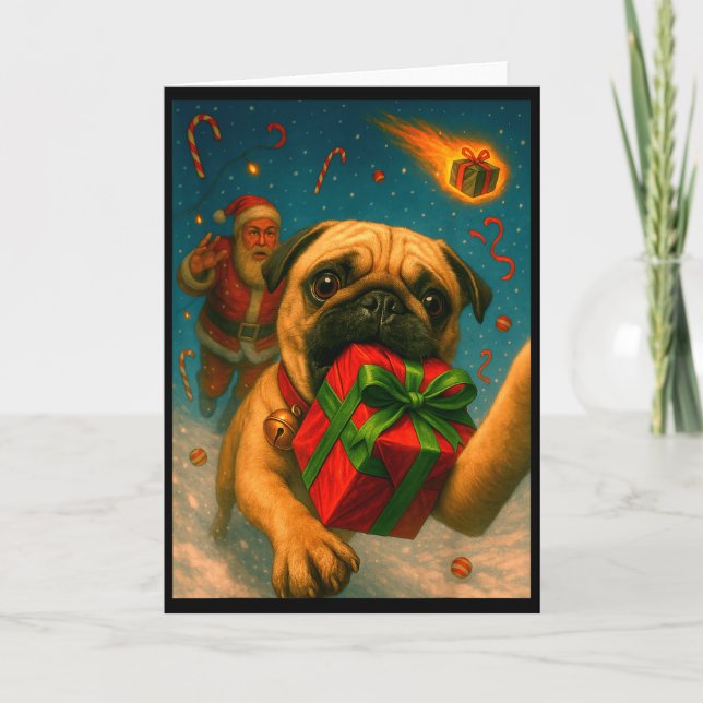 Tarjeta Funny Christmas Pug Shirt - Selfie With Santa Xmas (Anverso)