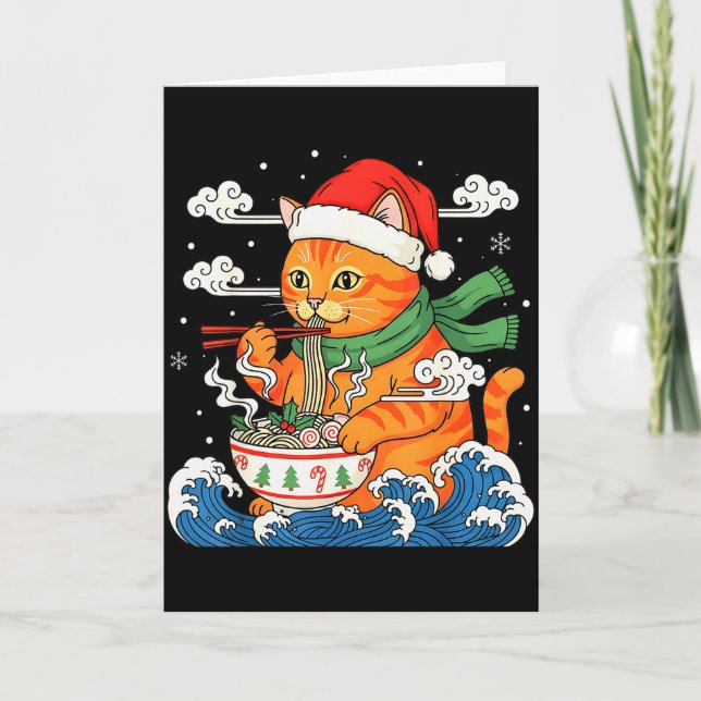 Tarjeta Funny Christmas Ramen Cat Eating Noodles Japanese  (Anverso)