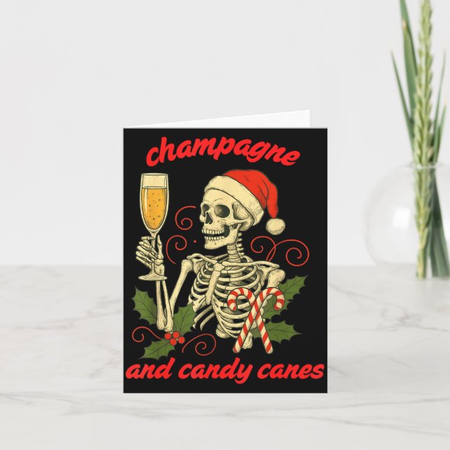Tarjeta Funny Christmas Skeleton Champagne And Candy Canes (Anverso)