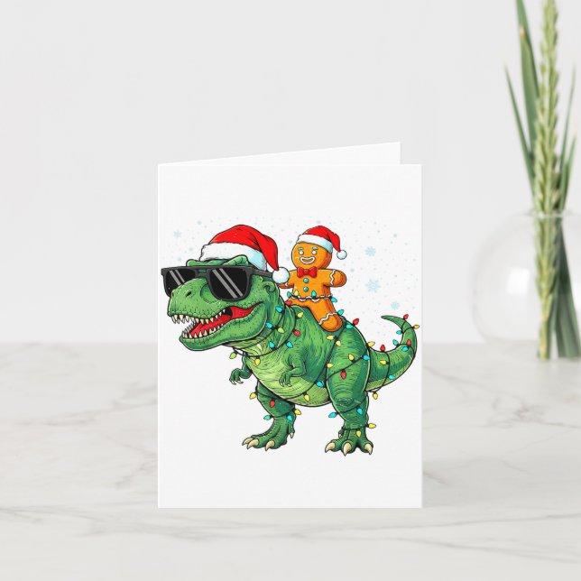 Tarjeta Funny Christmas T Rex Dinosaur Gingerbread Lights  (Anverso)