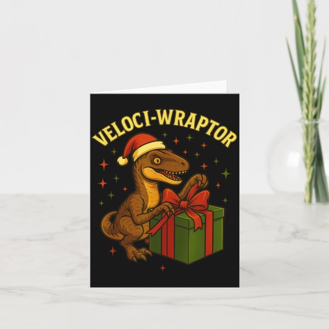 Tarjeta Funny Christmas Velociraptor Pun Veloci-wraptor  (Anverso)