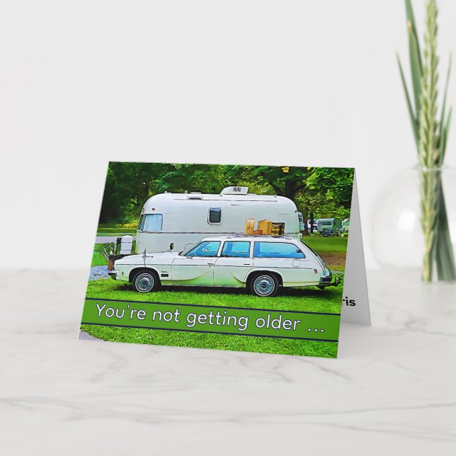 Tarjeta Funny Classic Retro Camper Feliz Cumpleaños (Anverso)