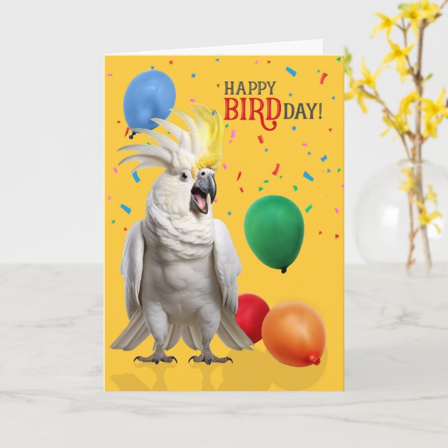 Tarjeta Funny Cockatoo Parrot Birthday Humor (flor amarilla)