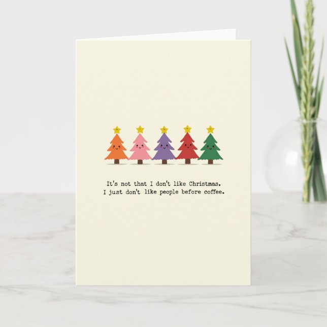 Tarjeta Funny Coffee Christmas Card Colorful Trees People (Anverso)