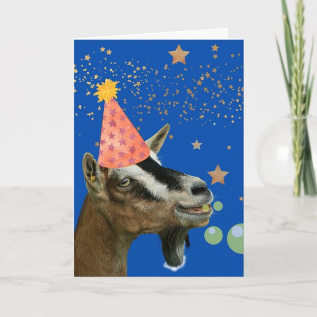 Tarjeta Funny cumpleaños tardío con cabra Fiesta (Anverso)