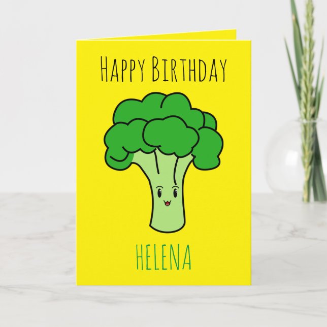 Tarjeta Funny Cute Broccoli Amarillo Vegan Cumpleaños (Anverso)