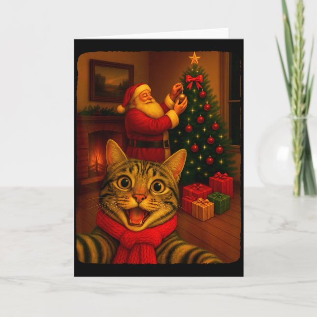 Tarjeta Funny Cute Cat Selfie With Santa Christmas Xmas Wo (Anverso)