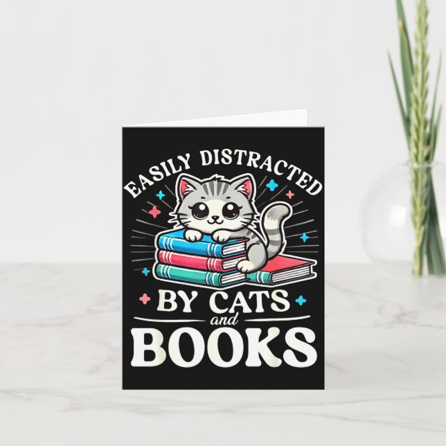 Tarjeta Funny Cute Easily Distracted By Cats And Books  (Anverso)