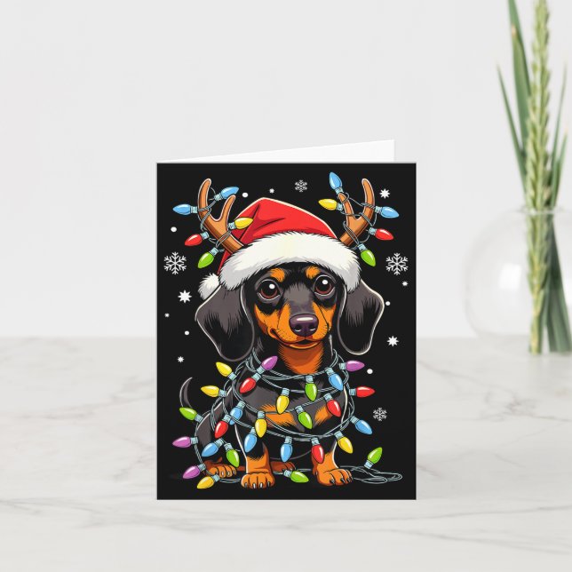 Tarjeta Funny Dachshund Christmas Lights Santa Hat Xmas  (Anverso)