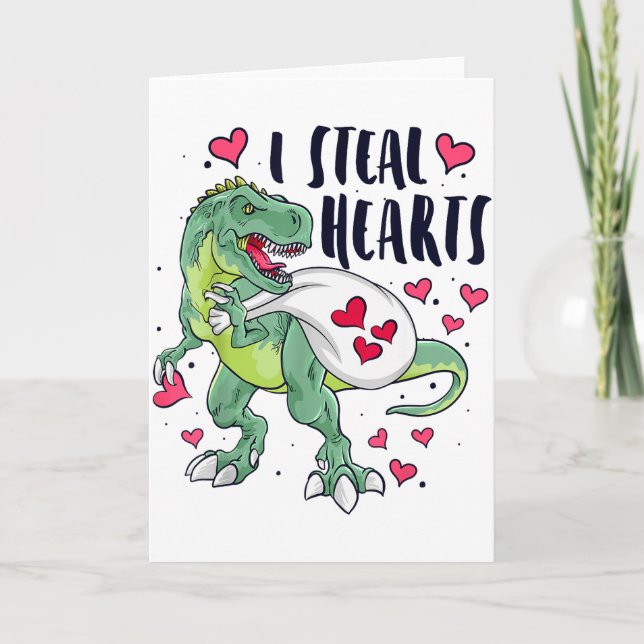 Tarjeta Funny Dinosaur Hearts Valentines Day T-rex  (Anverso)