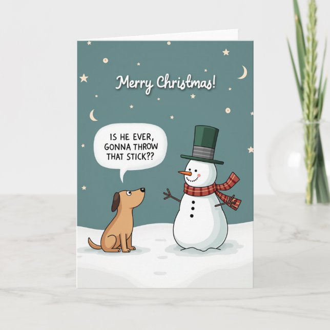 Tarjeta Funny Dog Christmas Card Snowman Stick Fetch Joke (Anverso)