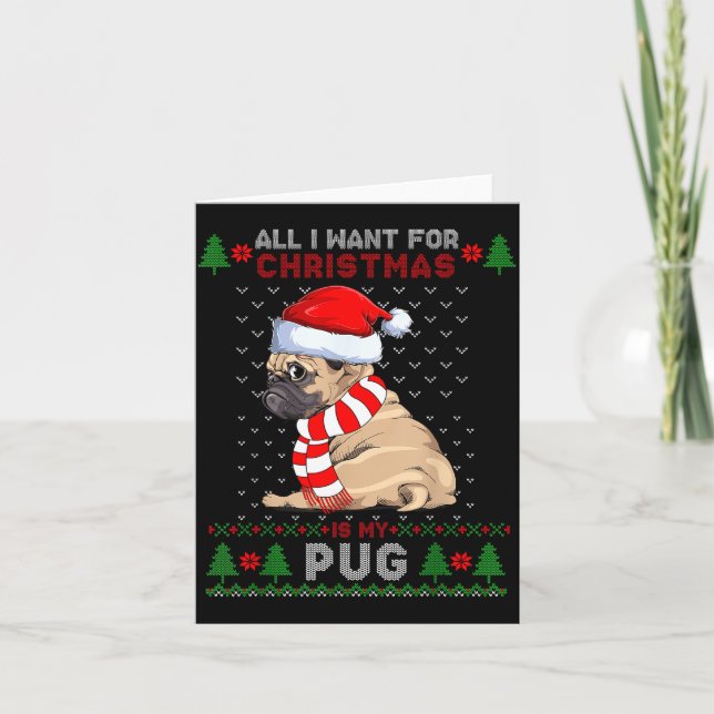 Tarjeta Funny Dog Lovers Cute Pug Santa Hat Ugly Christmas (Anverso)