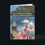 Tarjeta Funny Dogs Birthday for Anyone<br><div class="desc">Funny birthday wish from dogs in Hawaiian outfits.  You can customize the text,  change the fonts and font size.  The background was labeled public domain.</div>