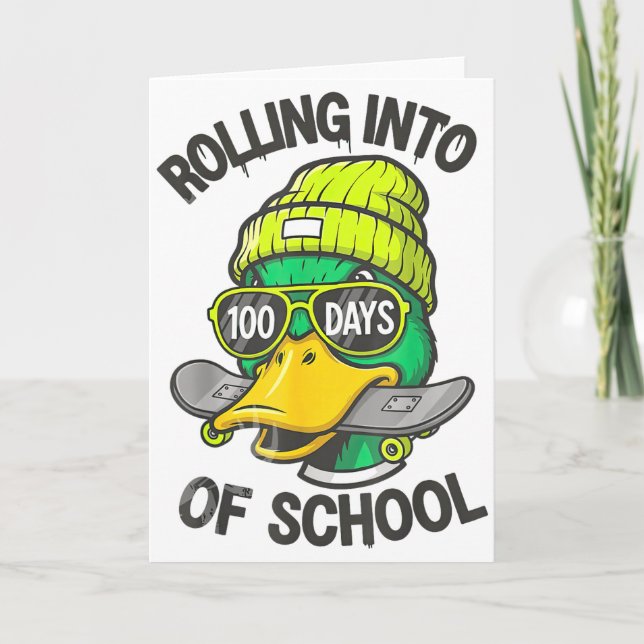 Tarjeta Funny Duck Skateboard 100 Days Of School Outfit  (Anverso)