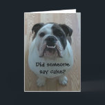 Tarjeta Funny English bulldog Happy Birthday Card<br><div class="desc">Esta tarjeta es perfecta para cualquier persona - niños pequeños o adultos! ¡A quién no le gustan las tartas y los bulldoges ingleses! ¡Ahorra tiempo y personalizar aquí o llene en casa! PS,  las tarjetas Zazzle son geniales,  ¡¡me he comprado muchas para cada ocasión!!</div>
