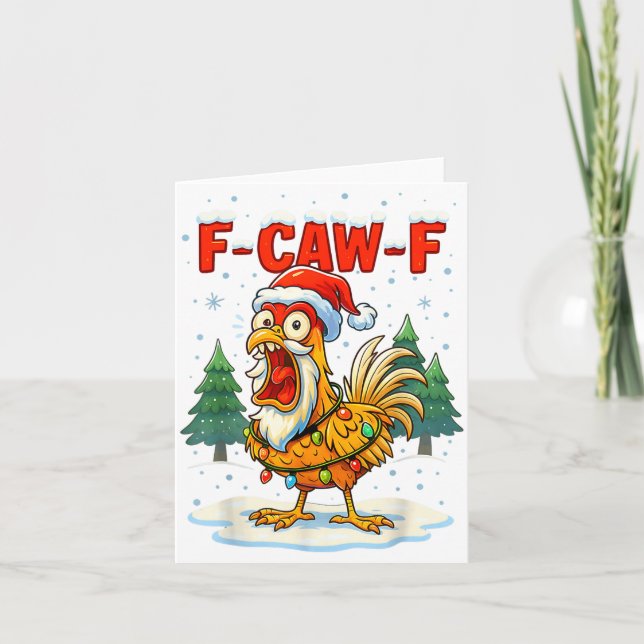 Tarjeta Funny F-caw-f Christmas Chicken Xmas Lights Santa  (Anverso)