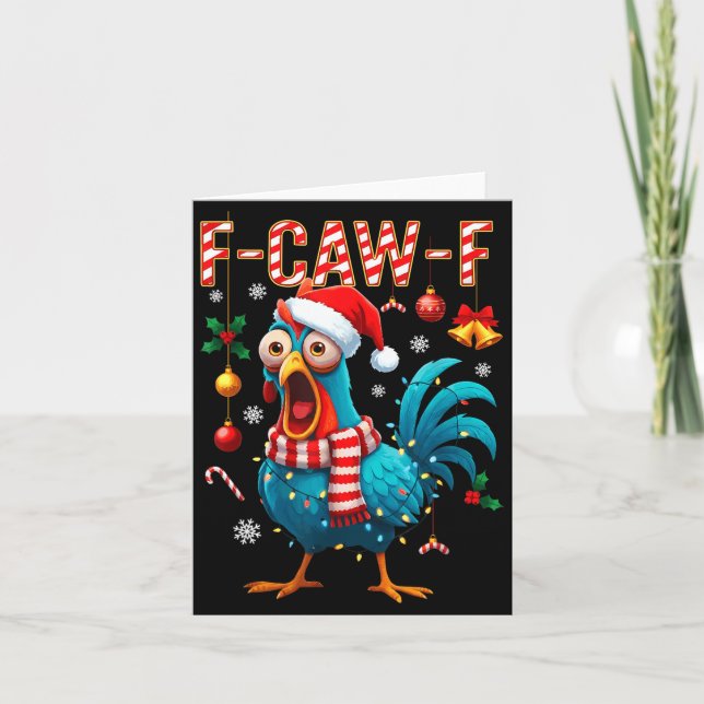 Tarjeta Funny F-caw-f Christmas Chicken Xmas Lights Santa  (Anverso)