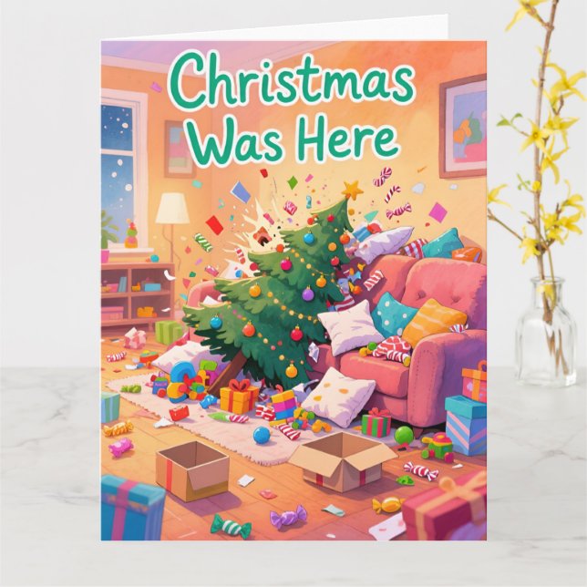 Tarjeta Funny Family Christmas Card Christmas Was Here (flor amarilla)